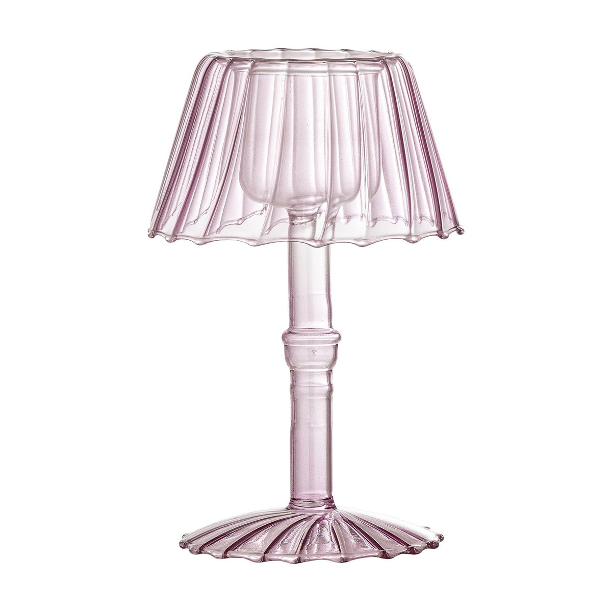 Cisco Glass Tealight Holder 18cm in Pink, shaped like a small table lamp with a fluted scalloped shade, ringed stem, and fluted round foot, shown on a plain white background.