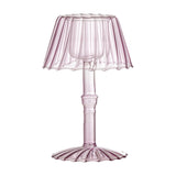 Cisco Glass Tealight Holder 18cm in Pink, shaped like a small table lamp with a fluted scalloped shade, ringed stem, and fluted round foot, shown on a plain white background.