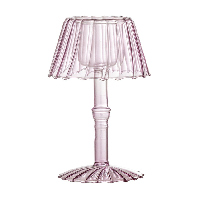 Cisco Glass Tealight Holder 18cm in Pink, shaped like a small table lamp with a fluted scalloped shade, ringed stem, and fluted round foot, shown on a plain white background.