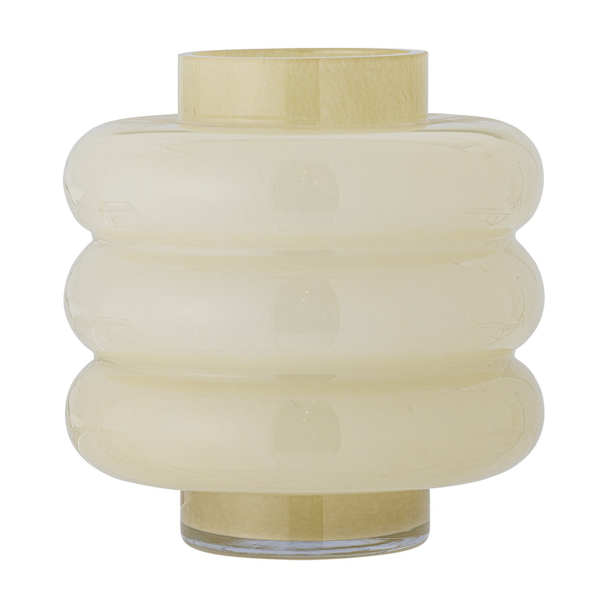 Sahara Glass Vase 22cm in yellow, mouthblown glass with three stacked rounded rings, a short straight neck and small foot, glossy opaque finish, shown on a plain white background.