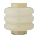 Sahara Glass Vase 22cm in yellow, mouthblown glass with three stacked rounded rings, a short straight neck and small foot, glossy opaque finish, shown on a plain white background.