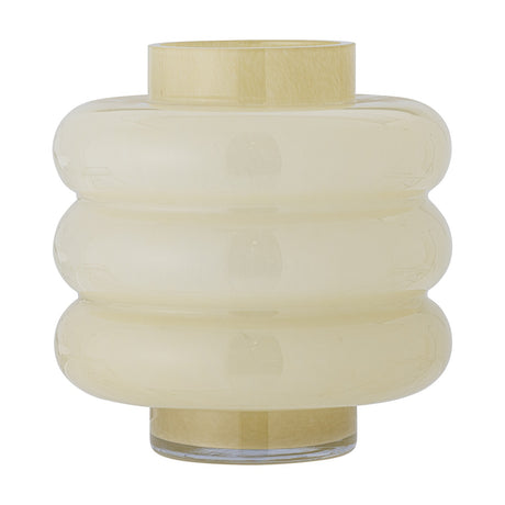 Sahara Glass Vase 22cm in yellow, mouthblown glass with three stacked rounded rings, a short straight neck and small foot, glossy opaque finish, shown on a plain white background.