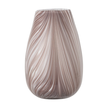 Ennis Glass Vase 22.5cm in pink, mouth-blown glass with swirling streaked pattern, tapered body and rounded base, shown on a plain white background.