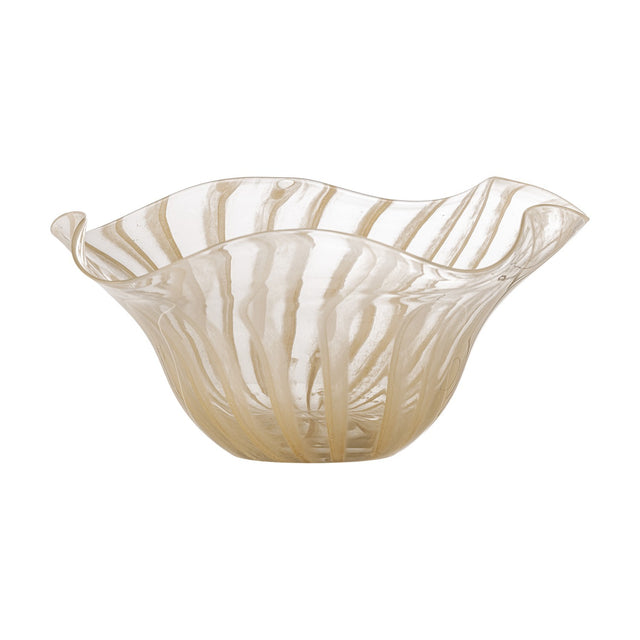 Imri Striped Glass Bowl 32x30cm in Beige, a wavy-rimmed glass serving bowl with beige stripes from base to rim, shown on a plain white background.