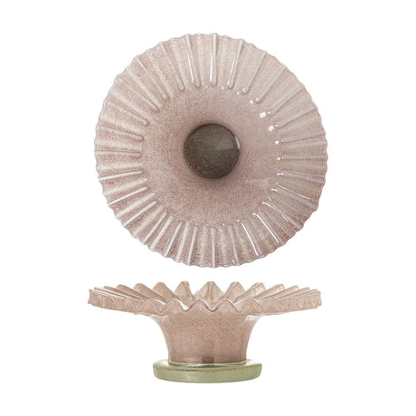 Garnet Glass Bowl 29cm in pink, shown from top and side views with a ribbed, flower-like rim and flared body on a round glass foot, against a white background.