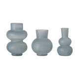 Kinsie Glass Vases Set of 3 in blue, featuring double-bulbed bodies with varying neck heights and widths, shown on a plain white background.