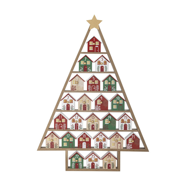 Calvin Christmas Tree Advent Calendar in MDF, a tree-shaped shelf unit with gold star topper and 24 numbered houses in red, green and white on a plain white background.