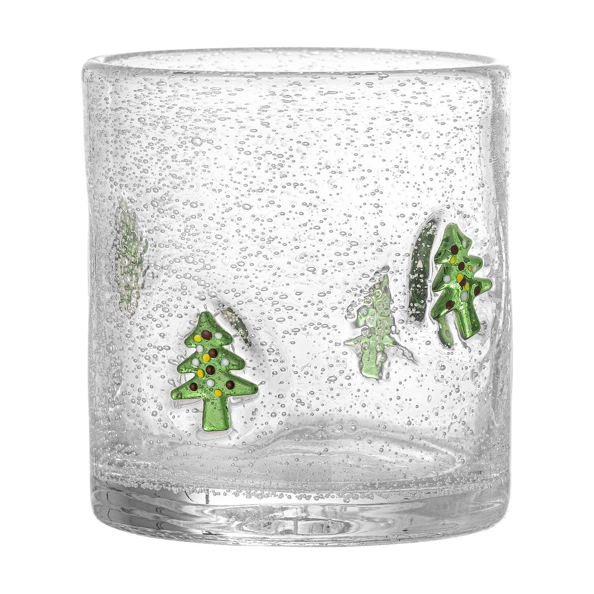 Debra Christmas Tree Tumbler in clear mouthblown glass with fine bubbles and hand-applied green Christmas trees dotted with baubles, shown on a plain white background.