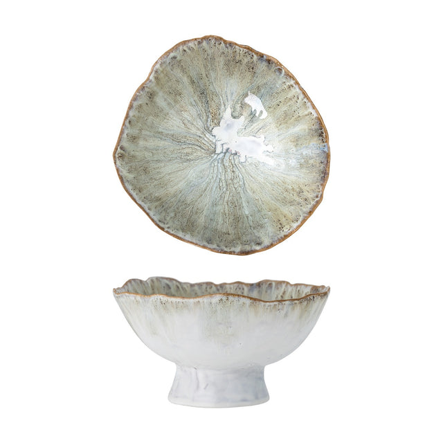 Joby Stoneware Bowl 24cm in Green, shown from above and in profile with a wavy rim, footed base, and speckled green glaze fading to white, on a plain white background.