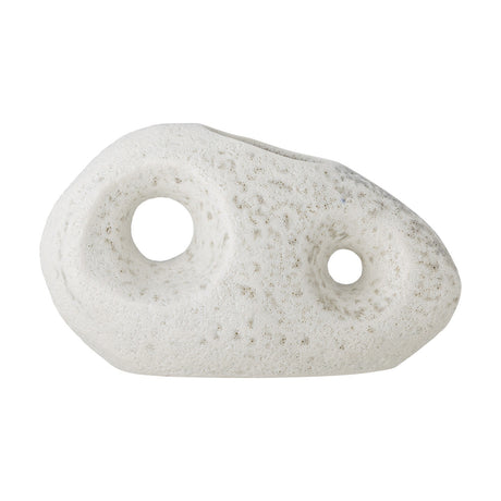 Caia Pebble Stoneware Vase 9.5cm in White, a textured pebble-shaped ceramic vase with two round cut-through holes, shown on a plain white background.