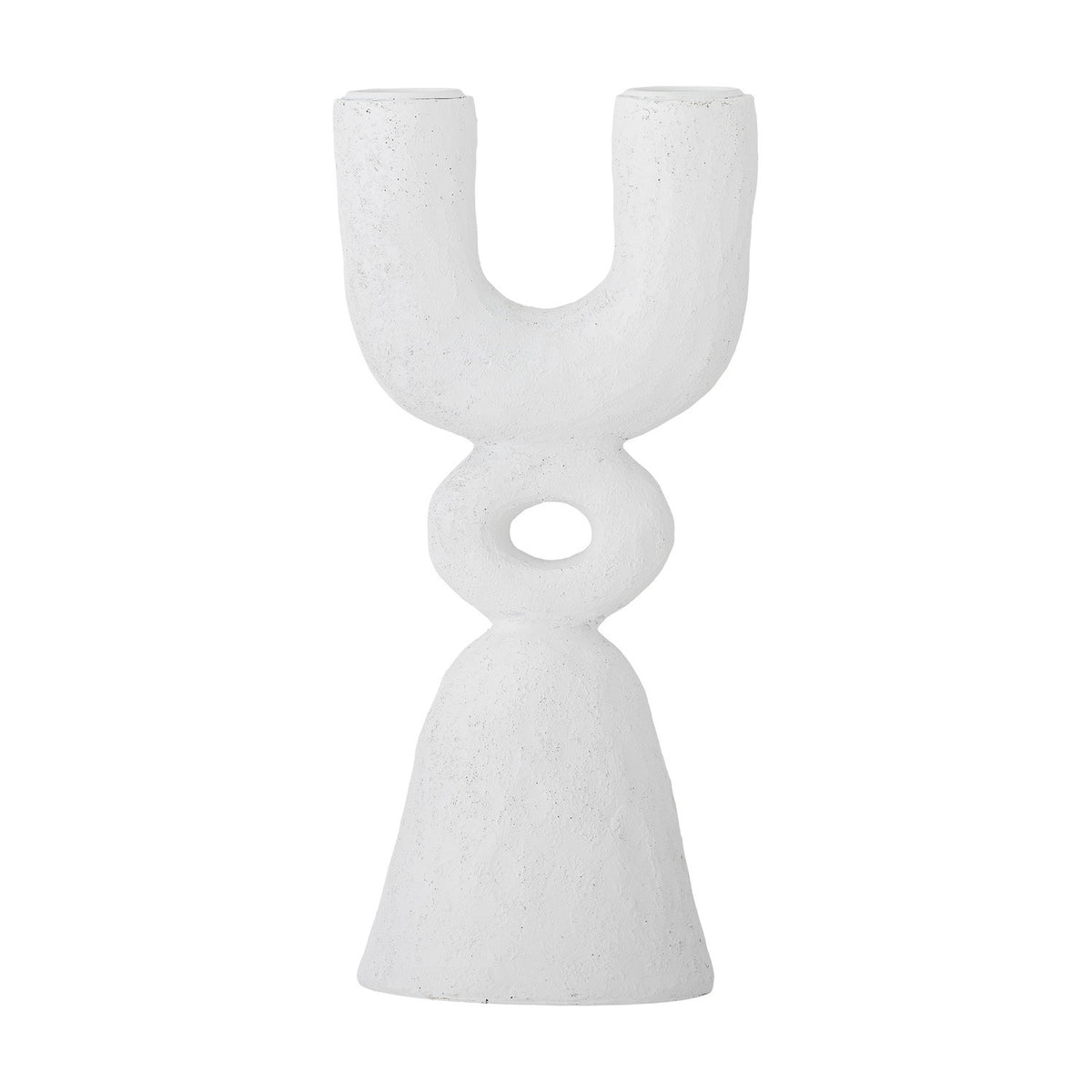 Syra Resin Candle Holder 22cm in white, with a sculptural U-shaped twin arm top, an open ring centre, and a flared bell-shaped base, shown on a plain white background.