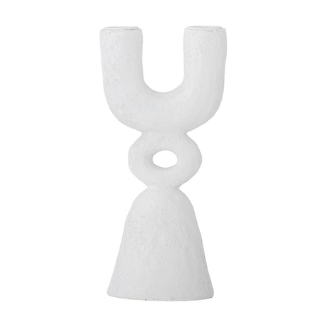 Syra Resin Candle Holder 22cm in white, with a sculptural U-shaped twin arm top, an open ring centre, and a flared bell-shaped base, shown on a plain white background.