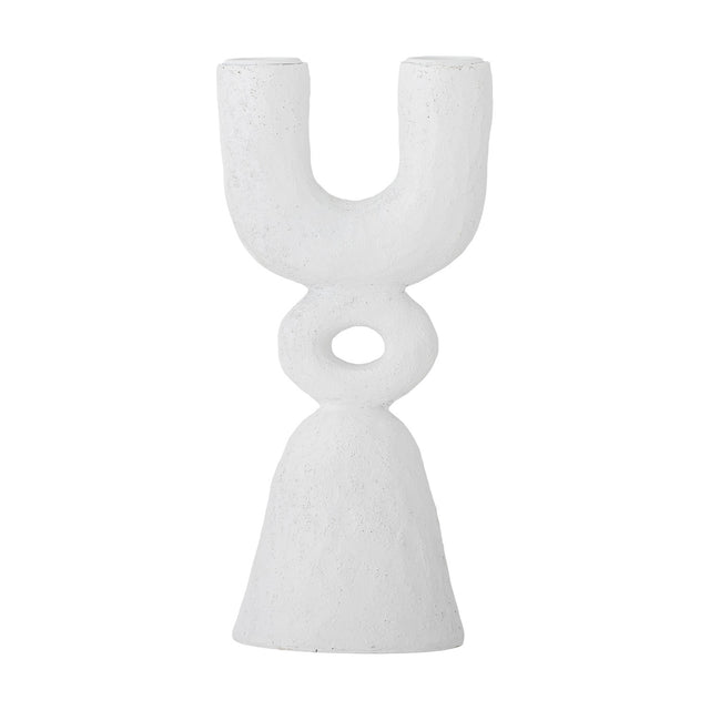 Syra Resin Candle Holder 22cm in white, with a sculptural U-shaped twin arm top, an open ring centre, and a flared bell-shaped base, shown on a plain white background.