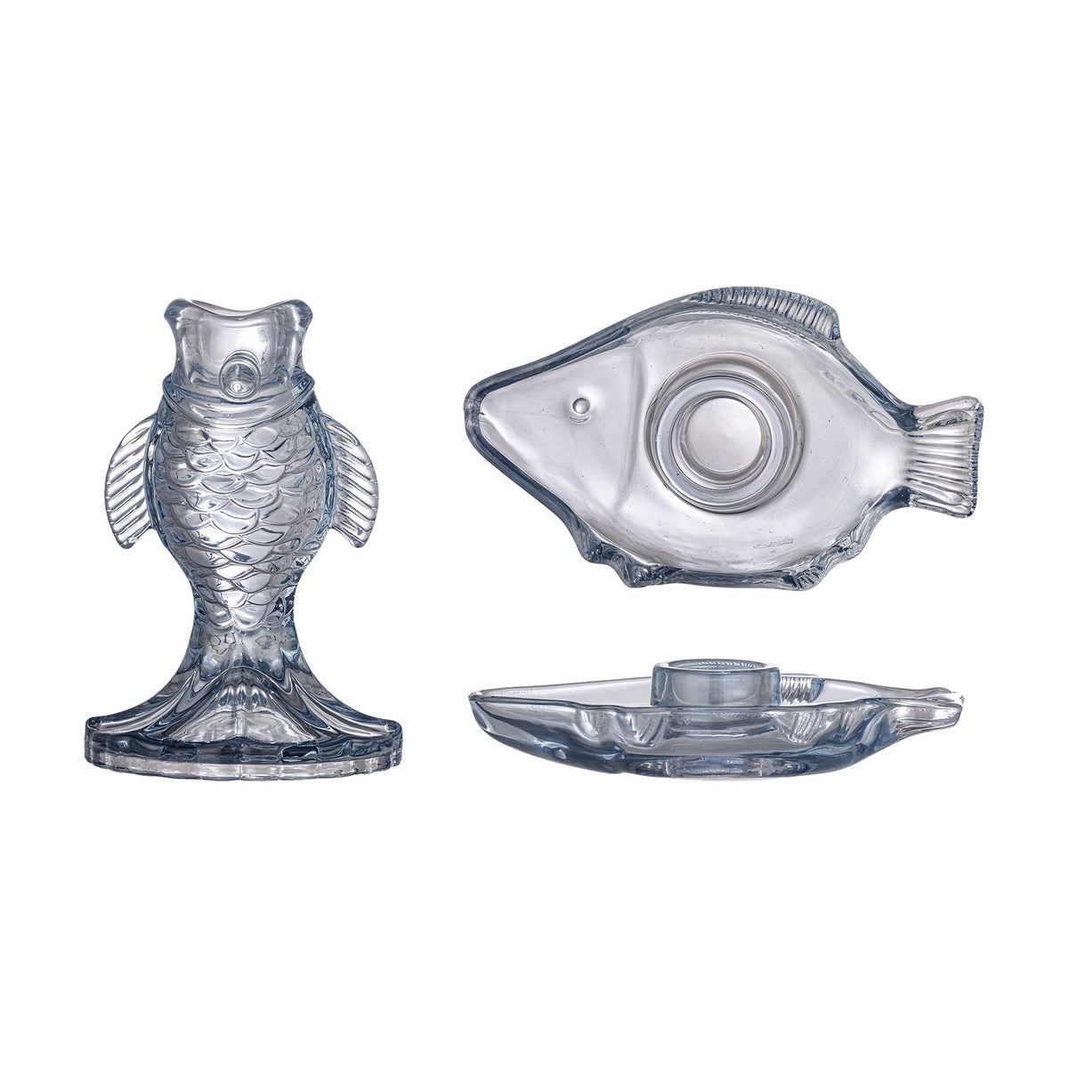 Linley Fish Glass Candle Holders in blue, shown upright and flat, with scale and fin detailing and open-mouth candle sockets, on a white background.
