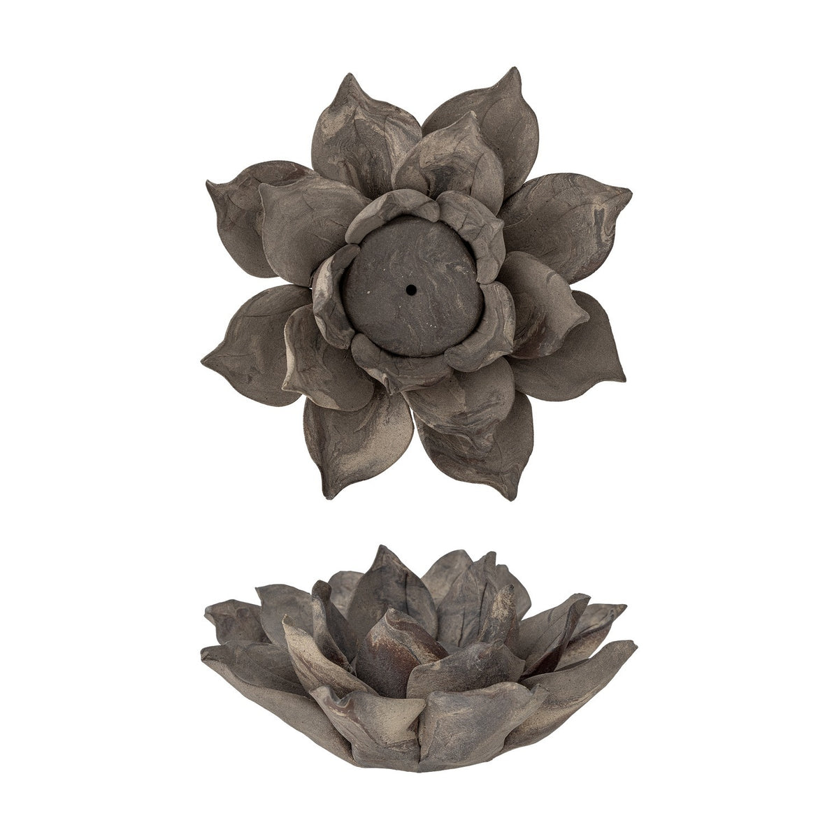 Eira Flower Stoneware Tealight Holder in brown, shown from above and side angles, with layered petals curling around a central tealight well on a plain white background.