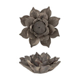 Eira Flower Stoneware Tealight Holder in brown, shown from above and side angles, with layered petals curling around a central tealight well on a plain white background.