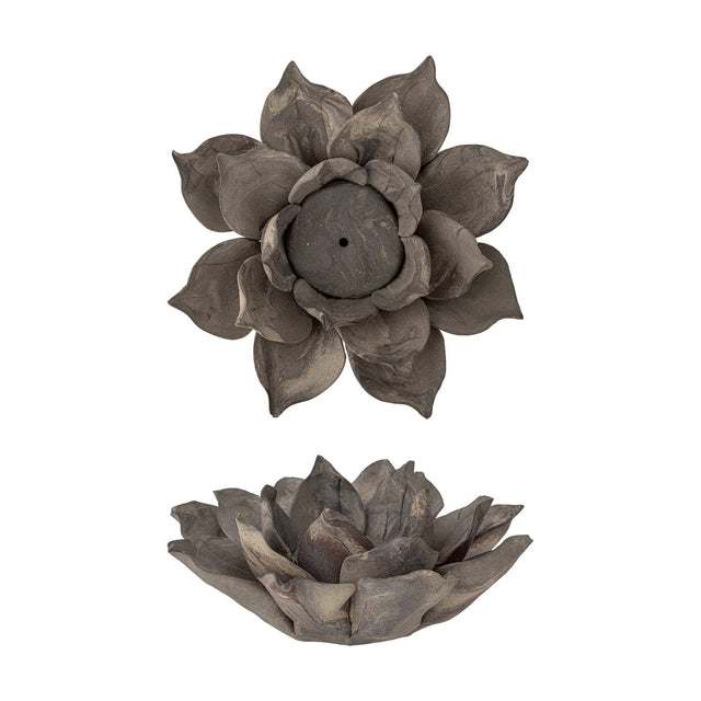 Eira Flower Stoneware Tealight Holder in brown, shown from above and side angles, with layered petals curling around a central tealight well on a plain white background.