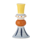 Kairi Stoneware Vase 14cm in Multi, a stacked ceramic bud vase with yellow flared neck, dotted white collar, orange middle and blue flared foot with painted strokes.