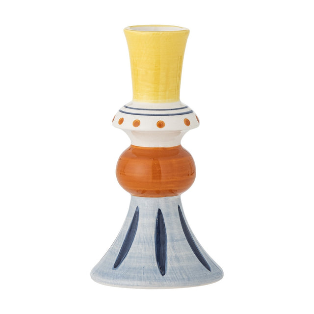 Kairi Stoneware Vase 14cm in Multi, a stacked ceramic bud vase with yellow flared neck, dotted white collar, orange middle and blue flared foot with painted strokes.