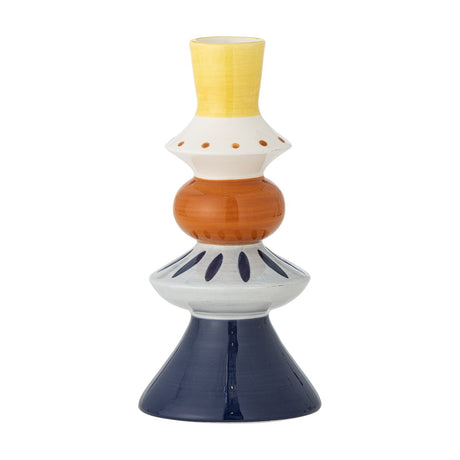 Kairi Stoneware Vase 21cm in multicoloured stacked forms with a yellow flared neck, white dotted disc, terracotta bulb, grey petal-patterned disc and navy cone base, on a plain white background.
