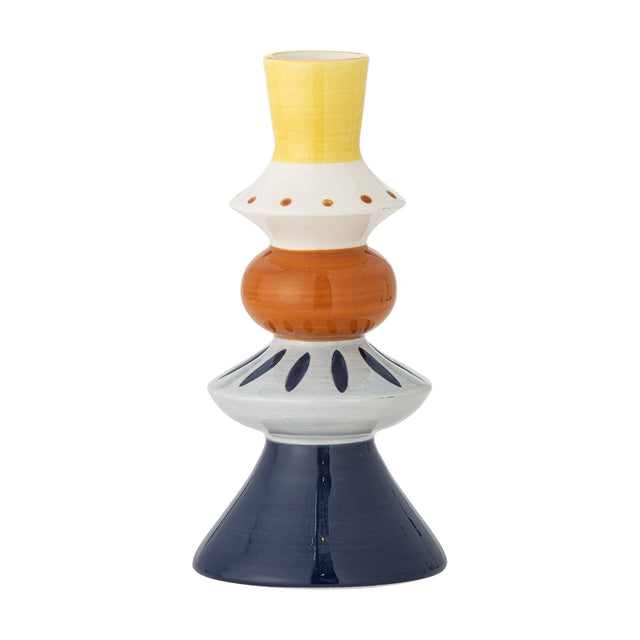 Kairi Stoneware Vase 21cm in multicoloured stacked forms with a yellow flared neck, white dotted disc, terracotta bulb, grey petal-patterned disc and navy cone base, on a plain white background.