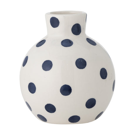 Fian Dotted Ceramic Vase 11cm, a small round white dolomite vase with navy polka dots and a short narrow neck, shown on a plain white background.