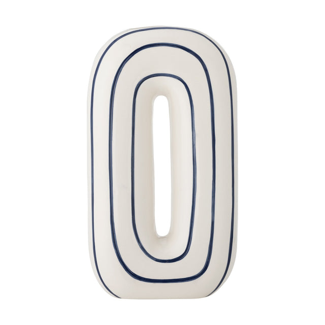 Mae Striped Ceramic Vase 32cm in White, an oval loop-shaped vase with an open centre and blue-outlined stripes, set against a plain white background.