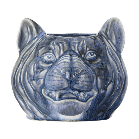 Abner Stoneware Plant Pot in blue, shaped as a big cat's head with upright ears and sculpted facial lines, open top, on a plain white background.