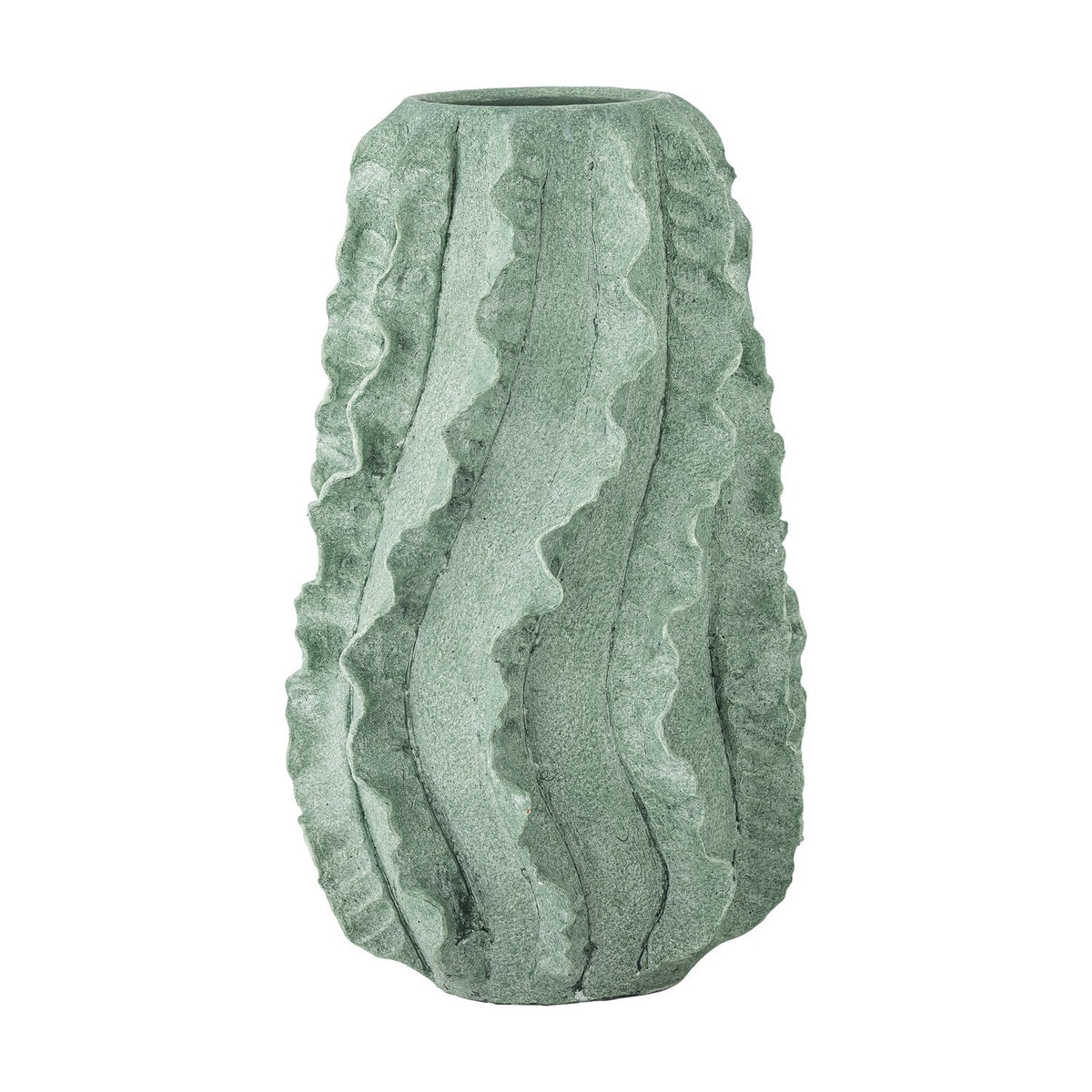 Natika Wavy Terracotta Vase in green, 37cm tall with a textured ridged surface forming wavy ruffled lines from mouth to base, tapered rounded form, shown on a plain white background.