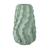 Natika Wavy Terracotta Vase in green, 37cm tall with a textured ridged surface forming wavy ruffled lines from mouth to base, tapered rounded form, shown on a plain white background.