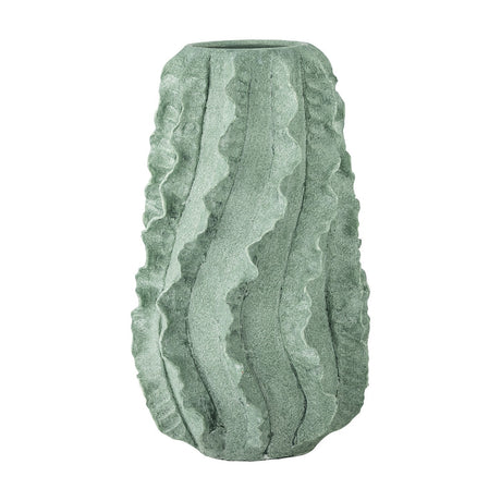 Natika Wavy Terracotta Vase in green, 37cm tall with a textured ridged surface forming wavy ruffled lines from mouth to base, tapered rounded form, shown on a plain white background.
