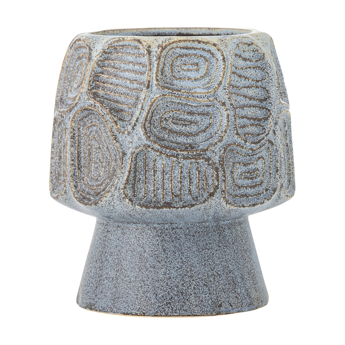 Clarke Stoneware Plant Pot in blue with a wide, rounded bowl on a tapering footed base, featuring textured panels of concentric rings and ridged lines, shown on a plain white background.