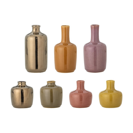 Set of seven Maien stoneware bud vases in bronze, orange, mauve, pink, olive and yellow glazes, with three tall narrow-necked bottles and four short round-shouldered forms.