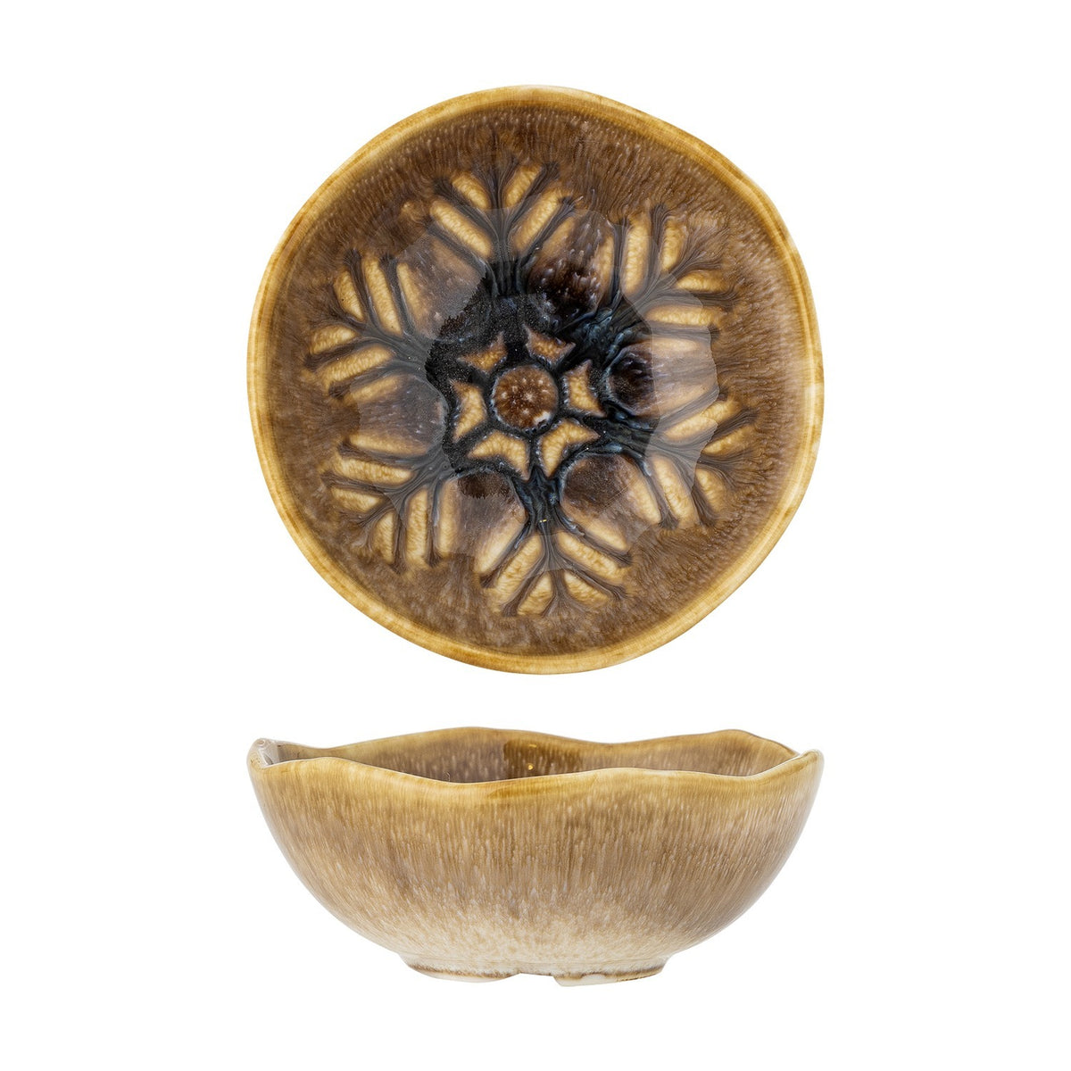 Acco Stoneware Christmas Bowl 12cm in brown, shown from above and in profile with a wavy rim and radiating frost-like glaze pattern, on a plain white background.