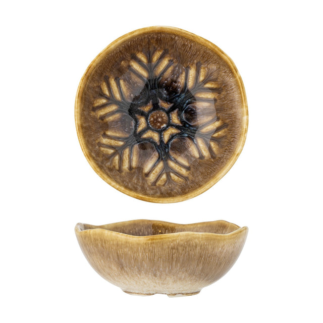 Acco Stoneware Christmas Bowl 12cm in brown, shown from above and in profile with a wavy rim and radiating frost-like glaze pattern, on a plain white background.