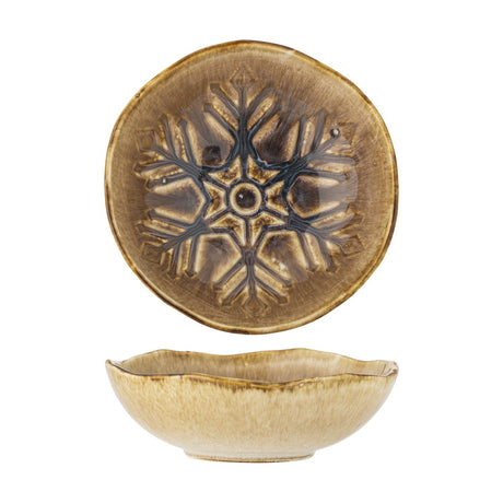 Acco Snowflake Stoneware Christmas Bowl 20cm in brown, shown from above and in profile with a wavy rim and raised snowflake pattern inside, on a plain white background.