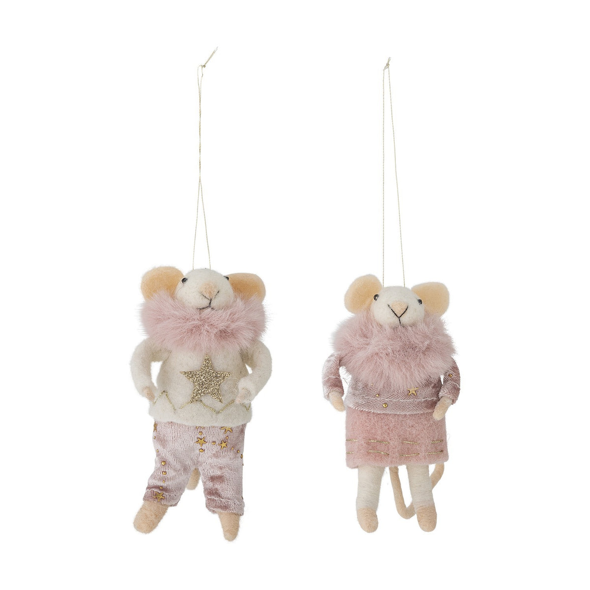 Peo Star wool Christmas tree decorations, set of 2 pink felted mice with fluffy collars, one in a star jumper and trousers, the other in a top and skirt, hanging cords, white background.
