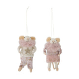 Peo Star wool Christmas tree decorations, set of 2 pink felted mice with fluffy collars, one in a star jumper and trousers, the other in a top and skirt, hanging cords, white background.