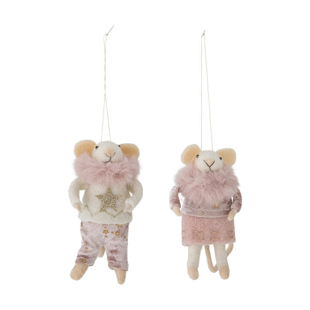 Peo Star wool Christmas tree decorations, set of 2 pink felted mice with fluffy collars, one in a star jumper and trousers, the other in a top and skirt, hanging cords, white background.