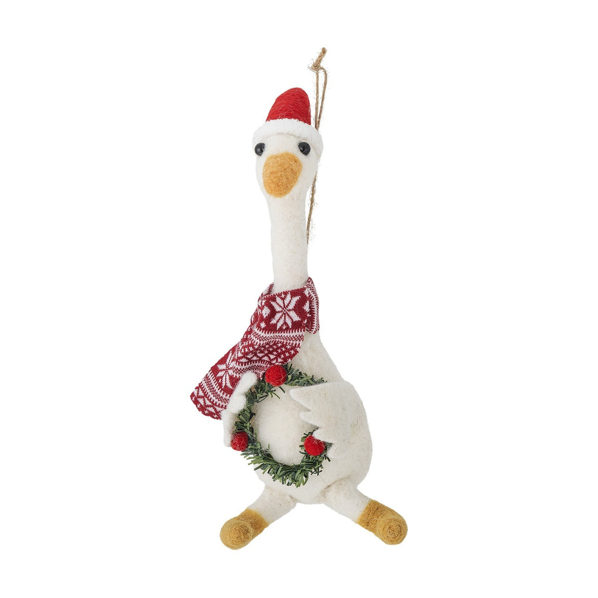 Arlo Wool Christmas Tree Decoration in White, a felted goose figure with red Santa hat, knitted snowflake scarf, and berry wreath, hanging loop at top, plain white background.
