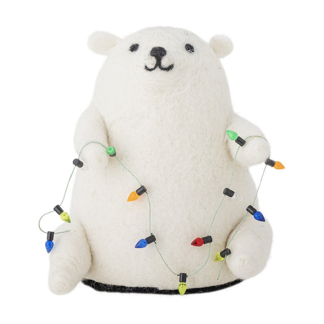 Wally Wool Christmas Decoration in white, a felted bear figure holding a string of colourful bulb lights, shown on a plain white background.