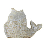 Hiro Fish Stoneware Candle Holder in grey, textured scales and curled tail, open mouth for a candle, shown on a plain white background.