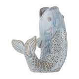 Hiro Fish Stoneware Vase in blue, shaped as a leaping fish with open-mouth neck, relief scales, ribbed fins and curled fanned tail, on a plain white background.