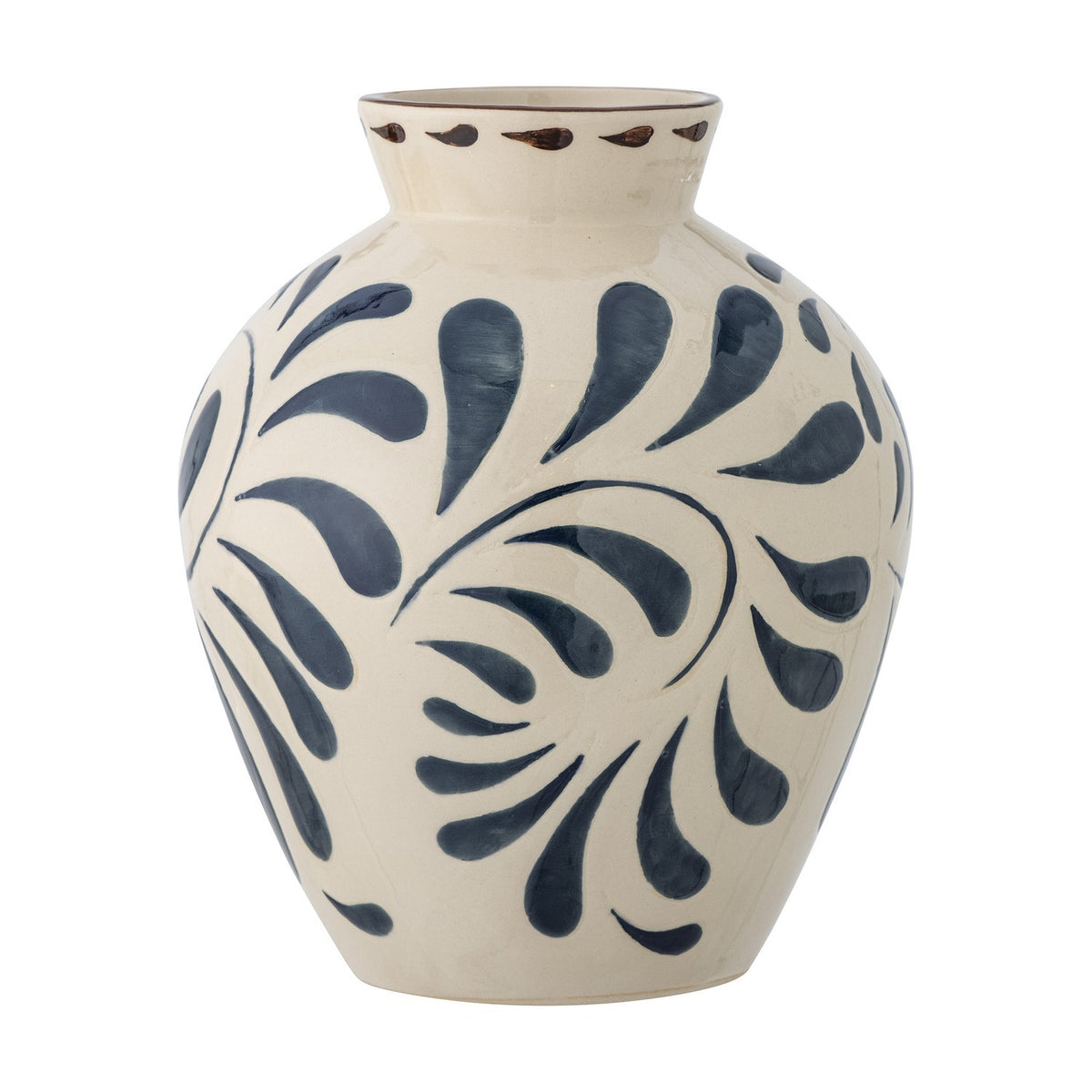 Heikki Stoneware Vase 24cm in cream, rounded ceramic body with flared neck and bold navy swirl pattern, shown against a plain white background.