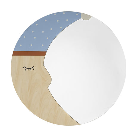Moony Round Wooden Wall Mirror 40cm with a sleeping moon face, closed lashed eye, dotted blue nightcap, and natural plywood grain, set on a plain white background.