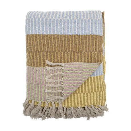 Isnel Yellow Striped Throw folded to show multicoloured woven bands in blue, brown, pink and yellow with knotted tassel fringe, on a white background.