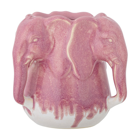 Pontus Stoneware Vase 15.5cm in Pink, ceramic with elephant heads forming a ring, wavy rim, pink glaze dripping onto a white base, shown against a plain white background.