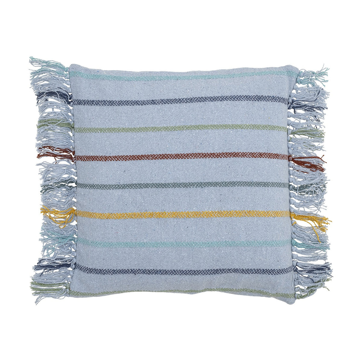 Frey Striped Cotton Cushion in blue, square shape with multicoloured horizontal stripes and loose fringe trim on two sides, shown on a plain white background.