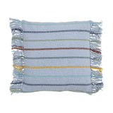 Frey Striped Cotton Cushion in blue, square shape with multicoloured horizontal stripes and loose fringe trim on two sides, shown on a plain white background.