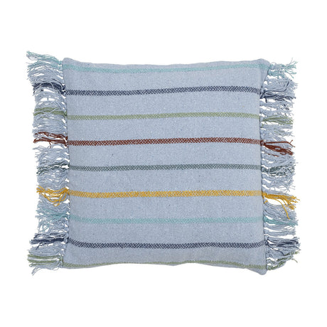Frey Striped Cotton Cushion in blue, square shape with multicoloured horizontal stripes and loose fringe trim on two sides, shown on a plain white background.